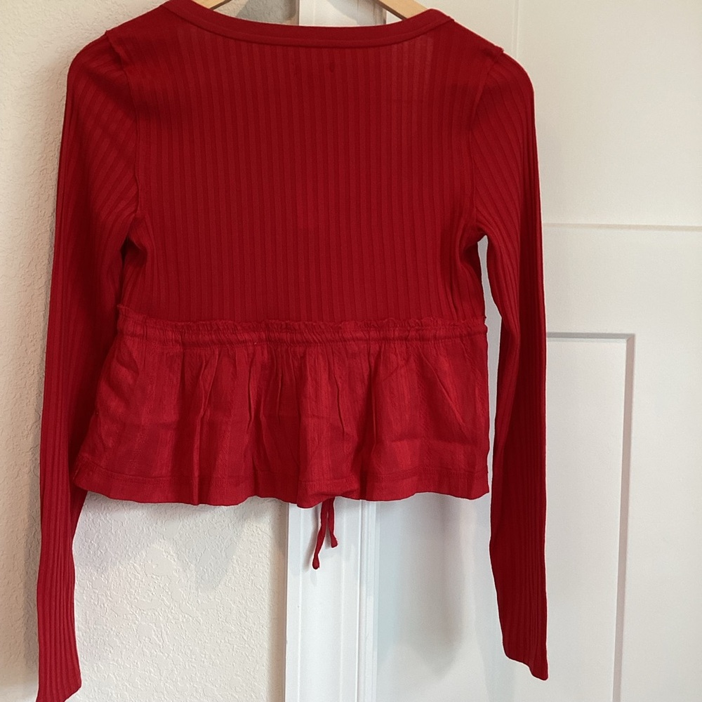 Anthropologie Ribbed Long Sleeve Shirt Pilcro Scoop Neck Cropped New XS Red - Picture 8 of 11